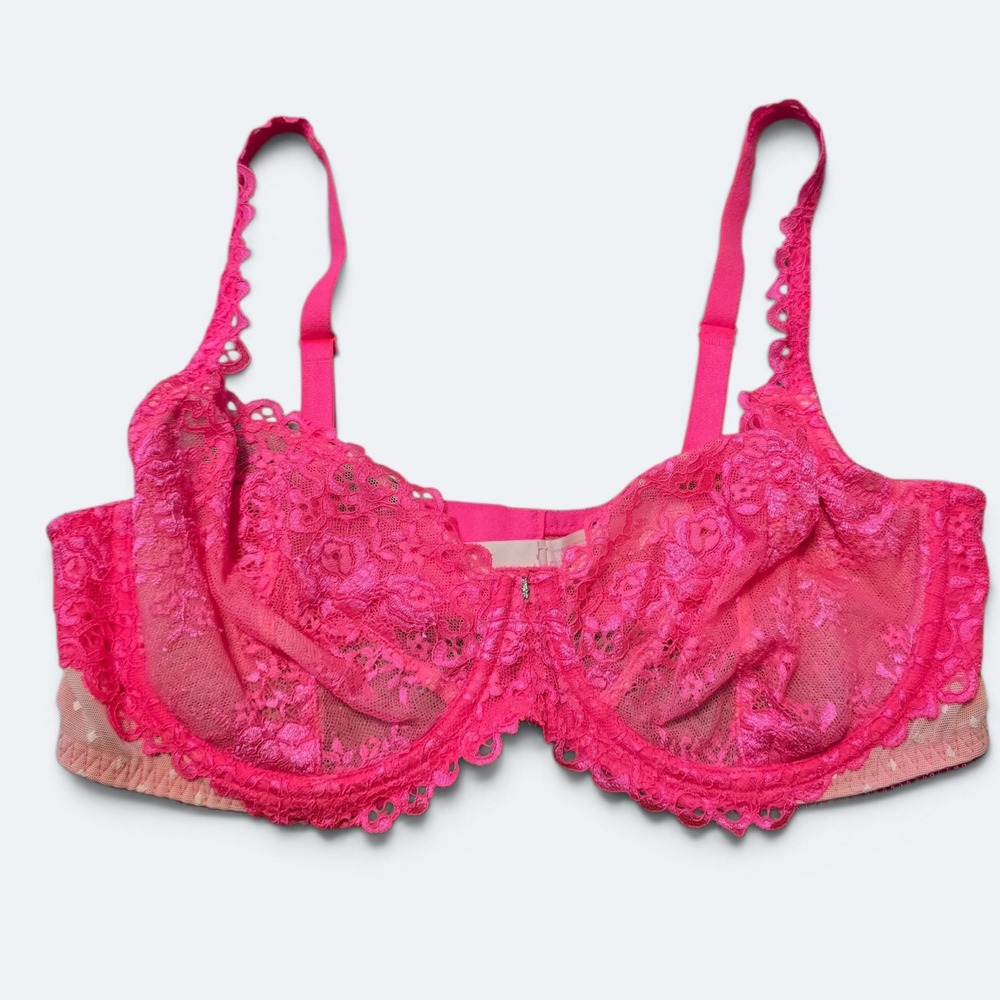 Victorias Secret Unlined Demi Bra 38D Hot Pink Floral Lace Polka Dot Mesh